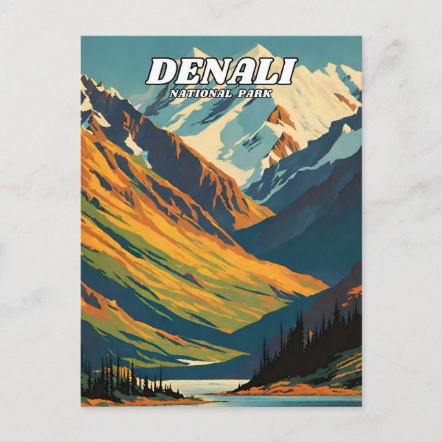 Cartão Postal Ilustração do Parque Nacional Denali retro Clássic (Frente)