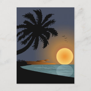 Cartão Postal Ilustração do pôr do sol de verão com palmeira