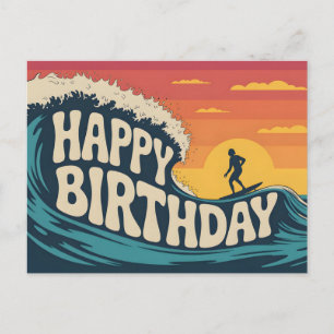 Cartão Postal Ilustração do Tema Retro Surf "Feliz Aniversário"