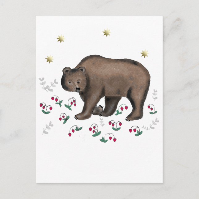 Cartão Postal Ilustração Do Urso Castanho E Morangos Florestais (Frente)
