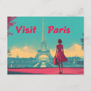 Cartão Postal Ilustração do Viagem da Torre Eiffel Retro com Car