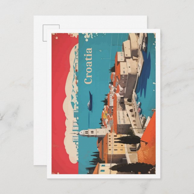 Cartão Postal Ilustração do Viagem de Arte Pop da Croácia (Frente/Verso)