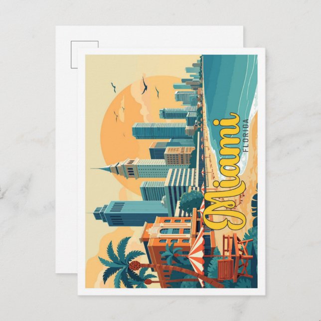 Cartão Postal Ilustração do Viagem de Arte Pop de Miami Florida (Frente/Verso)