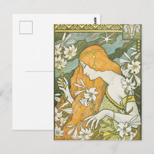 Cartão Postal Ilustração Elegante da Mulher Art Nouveau com Líri