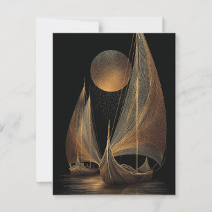 Cartão Postal Ilustração Elegante em Linhas de Ouro de Navios Lo
