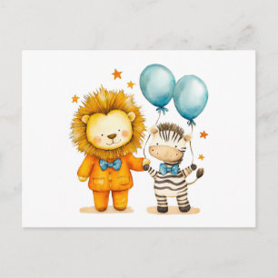 Cartão Postal Ilustração em Aquarela de Leão e Zebra com Balões
