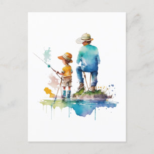 Cartão Postal Ilustração em Aquarela de Pai e Filho Arte de IA