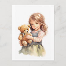 Ilustração em Aquarela de Urso de Pelúcia e Menina