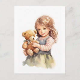 Cartão Postal Ilustração em Aquarela de Urso de Pelúcia e Menina