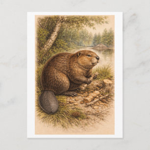 Cartão Postal Ilustração em Estilo Vintage de Castor