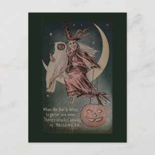 Cartão Postal Ilustração engraçada de coruja de Halloween vintag