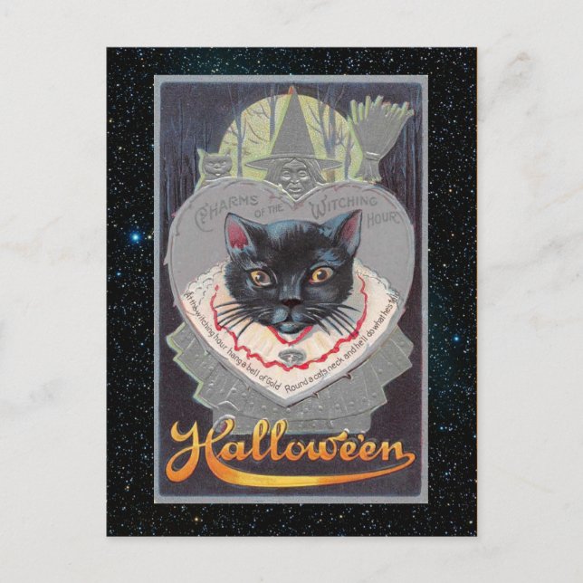 Cartão Postal Ilustração engraçada do Halloween de gato antigo (Frente)