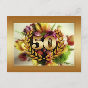 Cartão Postal ilustração floral com moldura dourada de aniversár