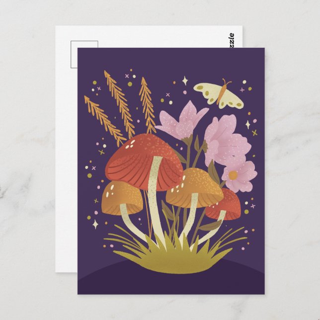 Cartão Postal Ilustração Floral de Cogumelos Woodland (Frente/Verso)