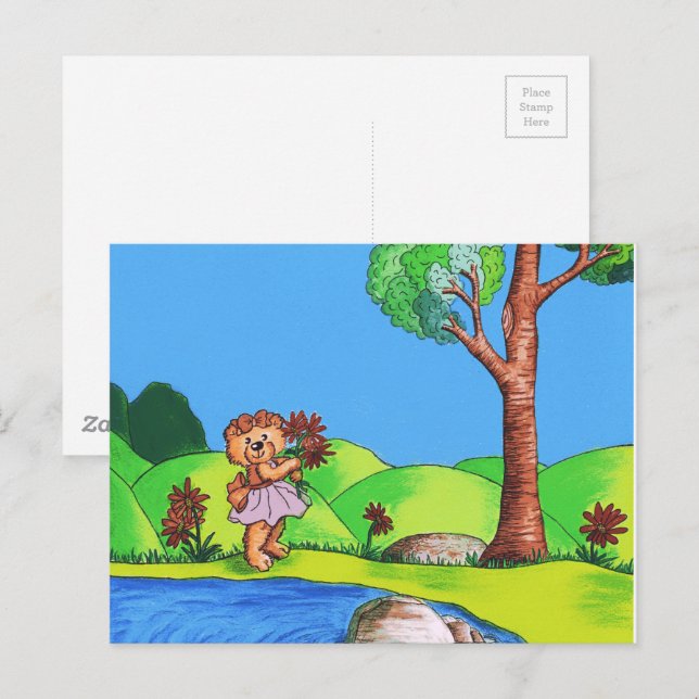 Cartão Postal Ilustração Floral do País do Urso Girly (Frente/Verso)