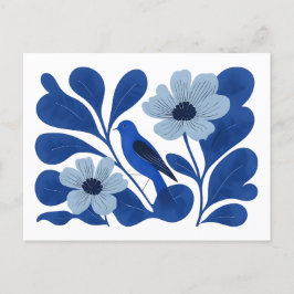 Cartão Postal Ilustração Floral e Pássaro Azul Moderno - Abstrat