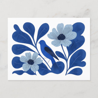 Cartão Postal Ilustração Floral e Pássaro Azul Moderno - Abstrat