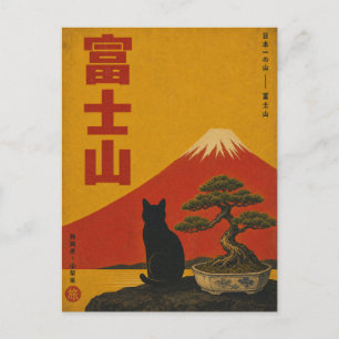 Cartão Postal Ilustração Gato Preto Monte Fuji Japão Vintage