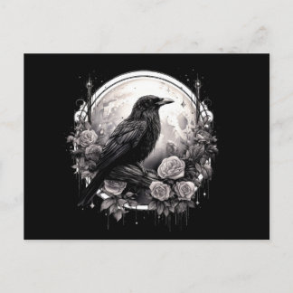 Cartão Postal Ilustração Gótica de Raven, Lua e Rosa