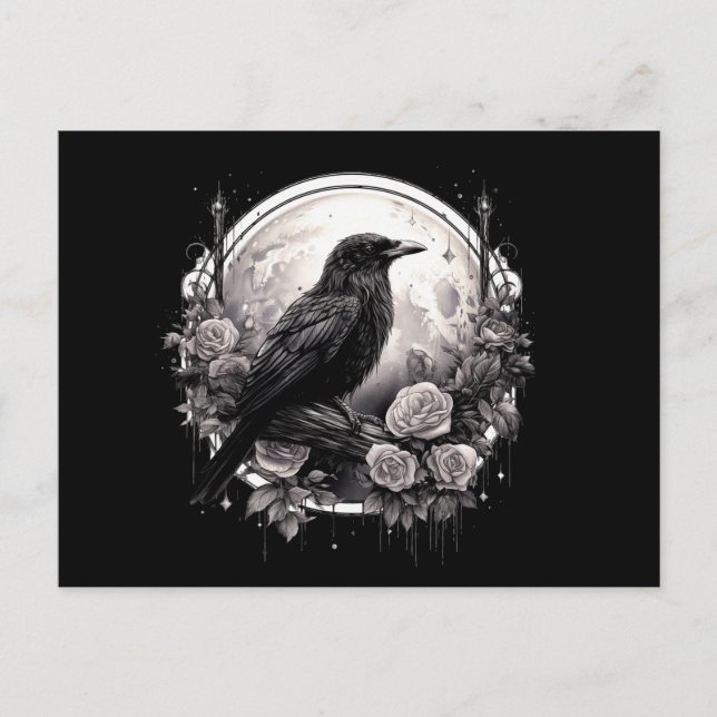Cartão Postal Ilustração Gótica de Raven, Lua e Rosa (Frente)