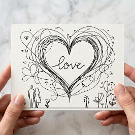 Cartão Postal Ilustração Minimalista de Coração de Amor Desenhad