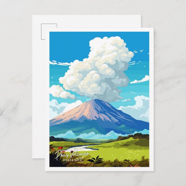 Cartão Postal Ilustração Poas Volcano Costa Rica Vintage (Frente/Verso)