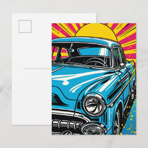 Cartão Postal Ilustração Pop Art de Carro Clássico Azul Retro na