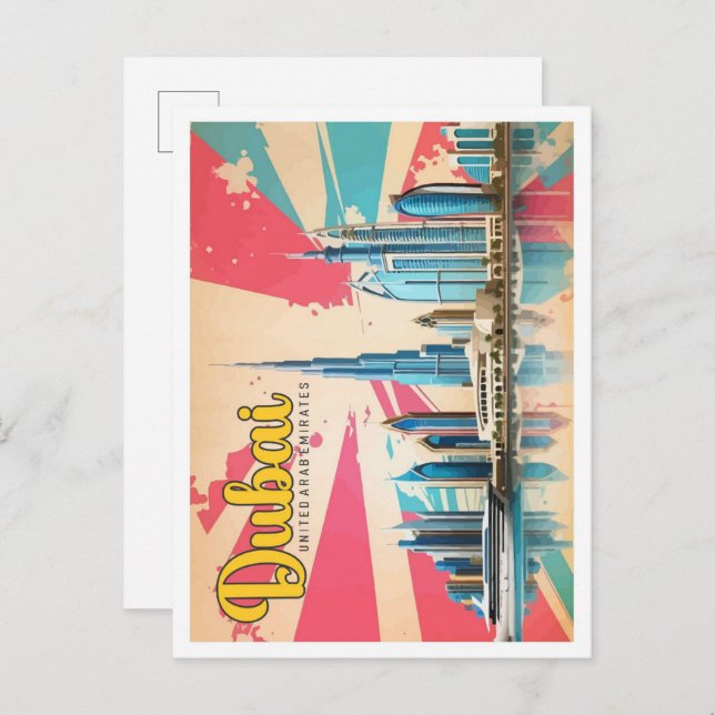 Cartão Postal Ilustração Pop de Viagem de Arte de Dubai nos Emir (Frente/Verso)