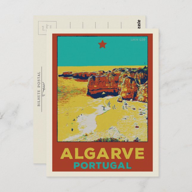 Cartão Postal Ilustração Praia Algarve Portugal (Frente/Verso)