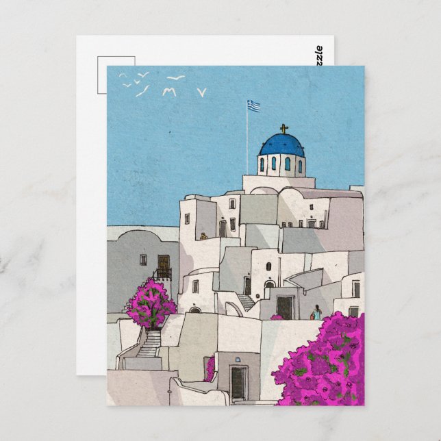 Cartão Postal Ilustração química da Grécia da ilha Oia Santorini (Frente/Verso)