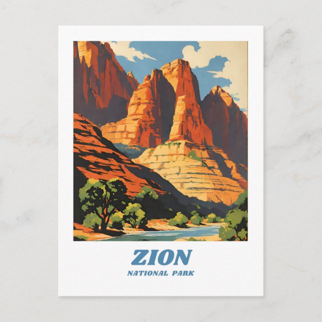 Cartão Postal Ilustração retrô clássico do Zion National Park (Frente)