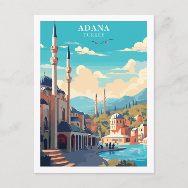 Cartão Postal Ilustração retrô de Adana, Turquia Viagem (Frente)