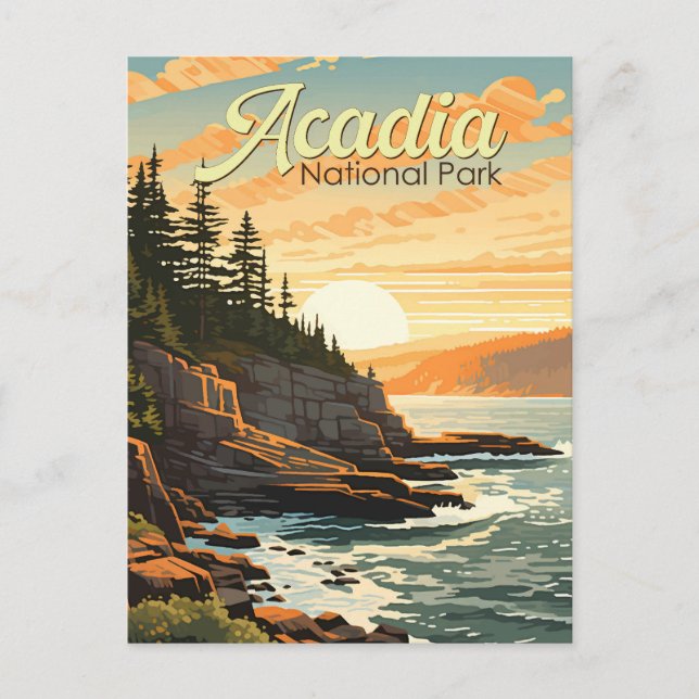 Cartão Postal Ilustração Retro do Parque Nacional Acadia (Frente)