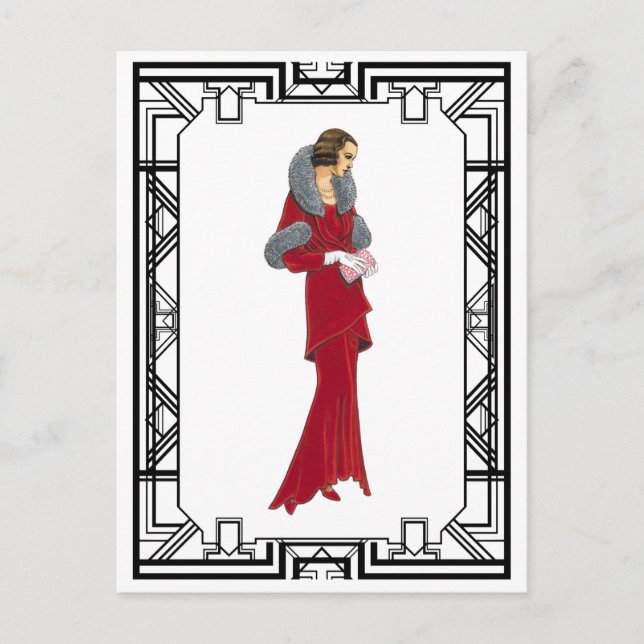 Cartão Postal Ilustração retroativa de Casaco de Pele Vermelha V (Frente)