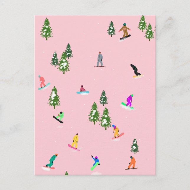 Cartão Postal Ilustração rosa de Snowboarders (Frente)