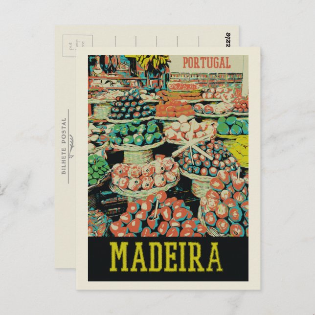 Cartão Postal Ilustração tradicional de mercado da Madeira Portu (Frente/Verso)