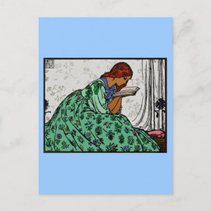 Cartão Postal Ilustração verde do clássico da mulher da leitu