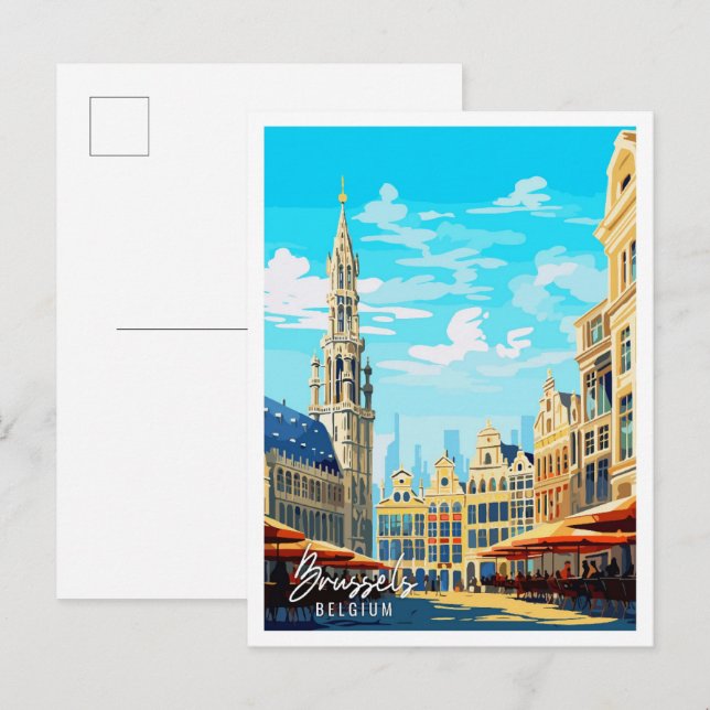 Cartão Postal Ilustração viagens vintage Bruxelas Bélgica (Frente/Verso)
