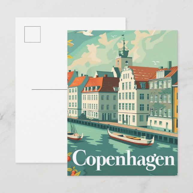 Cartão Postal Ilustração Viagens vintage de Copenhagen Denmark (Frente/Verso)