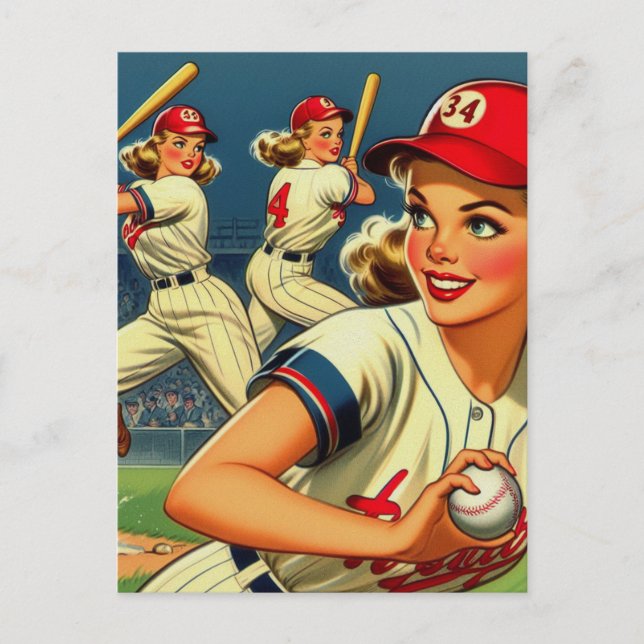 Cartão Postal Ilustração Vintage Baseball Girls (Frente)