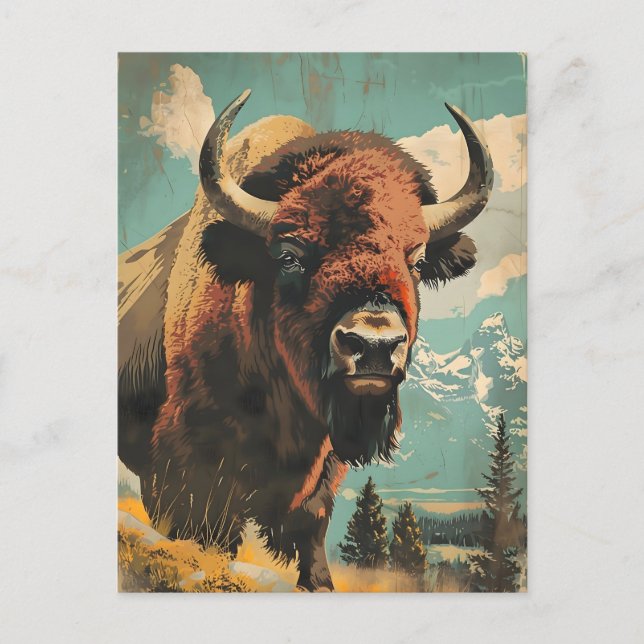 Cartão Postal Ilustração Vintage Bison (Frente)