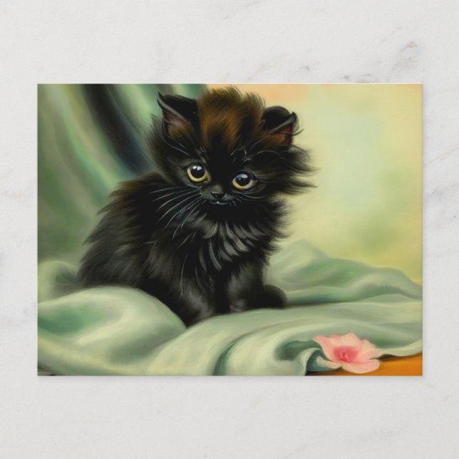 Cartão Postal Ilustração Vintage Black Kitten (Frente)