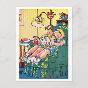 Cartão Postal Ilustração Vintage de Crianças Lendo