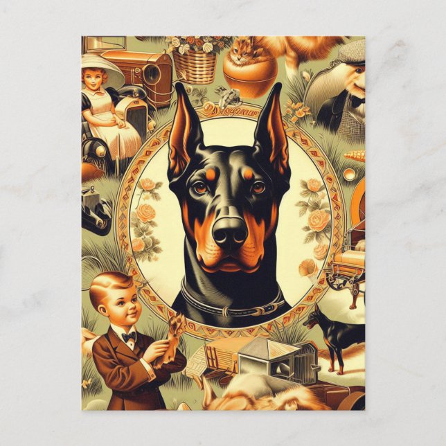 Cartão Postal Ilustração Vintage de Doberman (Frente)