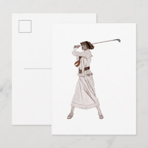 Cartão Postal Ilustração vintage de mulher jogando golfe