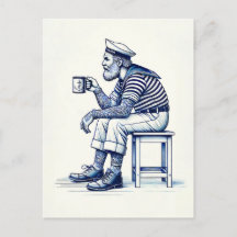 Ilustração Vintage de um Marinheiro Bebendo Café