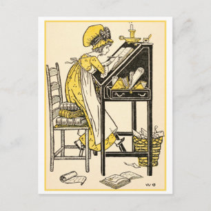 Cartão Postal Ilustração Vintage de uma Menina Escrevendo