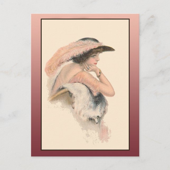 Cartão Postal Ilustração Vintage de uma Mulher Bonita (Frente)