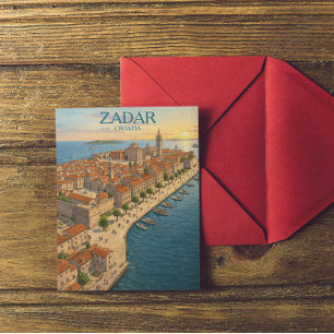 Cartão Postal Ilustração Vintage de Zadar Croácia Costa Adriátic