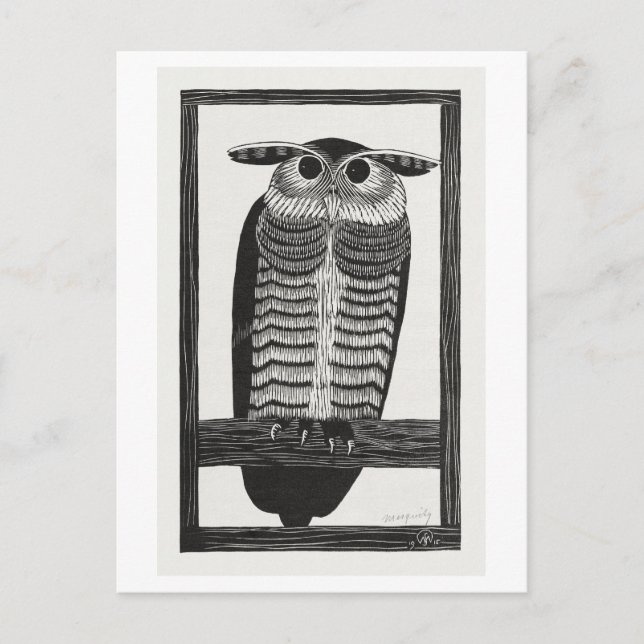 Cartão Postal Ilustração Vintage Horned Owl (Frente)